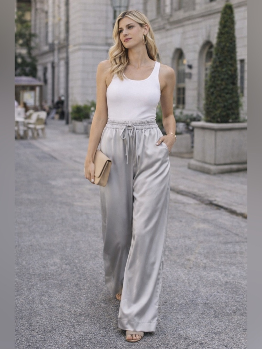 NWT Zara Satin Wide Leg Pants XL | Silver Lounge Chic Drawstring Pants